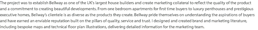 The project was to establish Bellway as one of the UK's largest house builders and create marketing collateral to reflect the quality of the product and a commitment to creating beautiful developments. From one bedroom apartments for first time buyers to luxury penthouses and prestigious executive homes, Bellway’s clientele is as diverse as the products they create. Bellway pride themselves on understanding the aspirations of buyers and have earned an enviable reputation built on the pillars of quality, service and trust. I designed and created brand and marketing literature, including bespoke maps and technical floor plan illustrations, delivering detailed information for the marketing team.