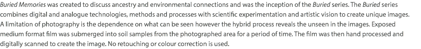 Buried Memories was created to discuss ancestry and environmental connections and was the inception of the Buried series. The Buried series combines digital and analogue technologies, methods and processes with scientific experimentation and artistic vision to create unique images.  A limitation of photography is the dependence on what can be seen however the hybrid process reveals the unseen in the images. Exposed medium format film was submerged into soil samples from the photographed area for a period of time. The film was then hand processed and digitally scanned to create the image. No retouching or colour correction is used.
